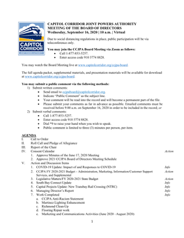 CAPITOL CORRIDOR JOINT POWERS AUTHORITY MEETING of the BOARD of DIRECTORS Wednesday, September 16, 2020 | 10 A.M