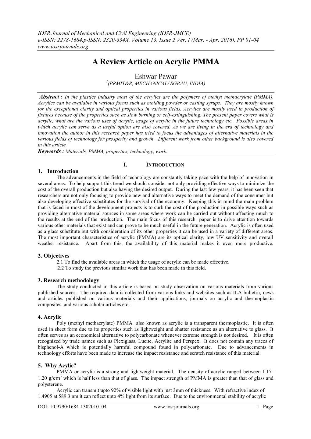 A Review Article on Acrylic PMMA