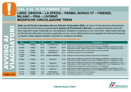 Dal 4 Al 10 Dicembre 2020 Linee: Genova – La Spezia – Parma; Borgo Vt – Firenze; Milano – Pisa – Livorno Modifiche Circolazione Treni