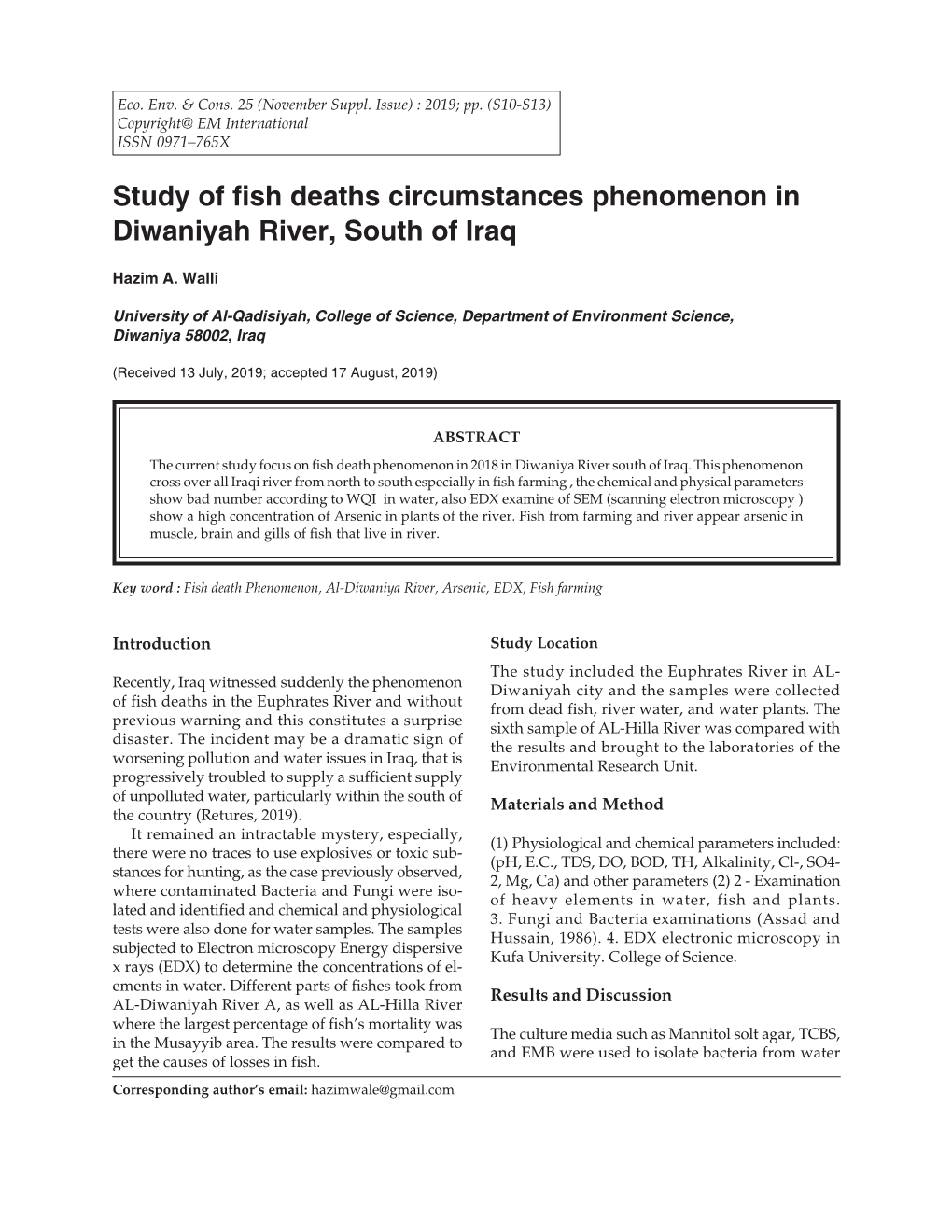 Study of Fish Deaths Circumstances Phenomenon in Diwaniyah River, South of Iraq