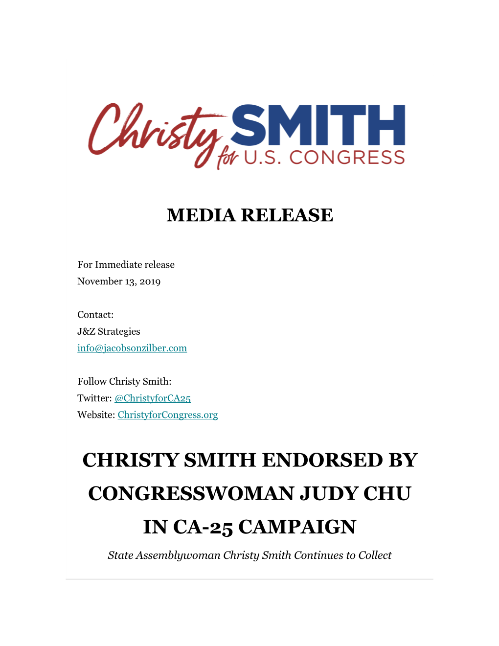 Christy Smith Endorsed by Congresswoman Judy Chu