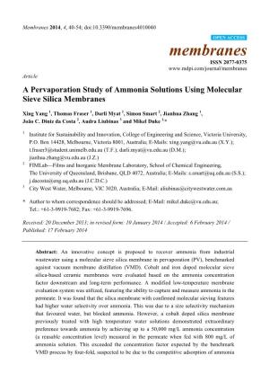 A Pervaporation Study of Ammonia Solutions Using Molecular Sieve Silica Membranes