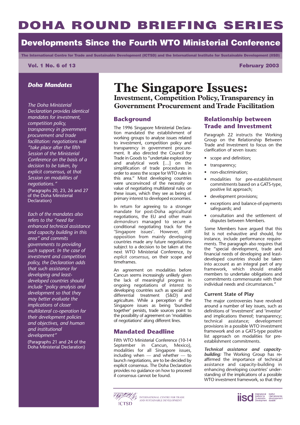 The Singapore Issues: Investment, Competition Policy, Transparency