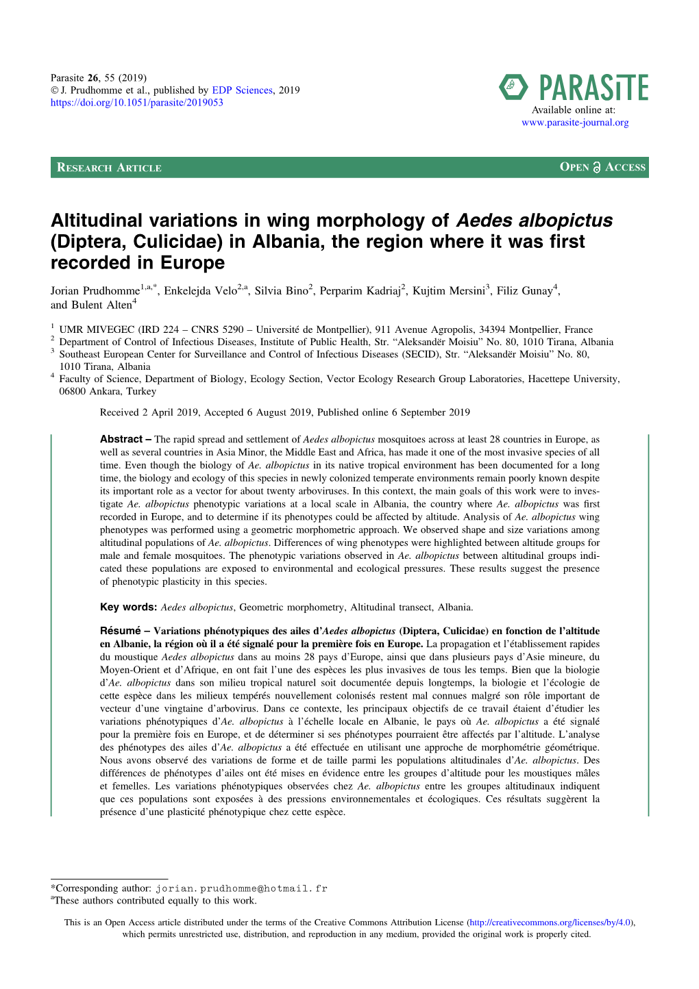 Altitudinal Variations in Wing Morphology of Aedes Albopictus (Diptera, Culicidae) in Albania, the Region Where It Was ﬁrst Recorded in Europe