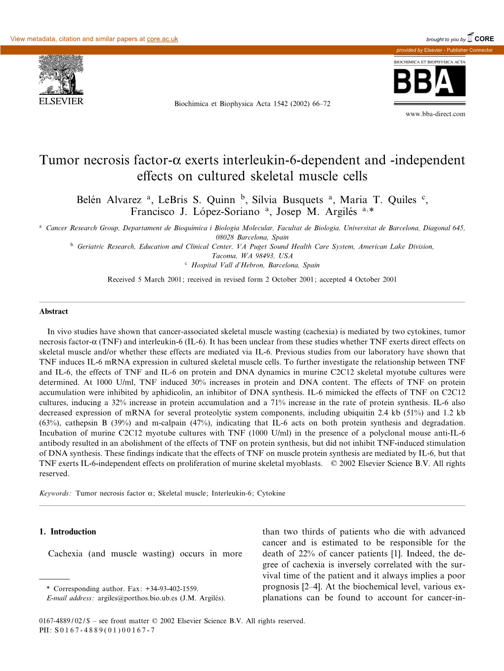 Tumor Necrosis Factor-K Exerts Interleukin-6-Dependent and -Independent E¡Ects on Cultured Skeletal Muscle Cells