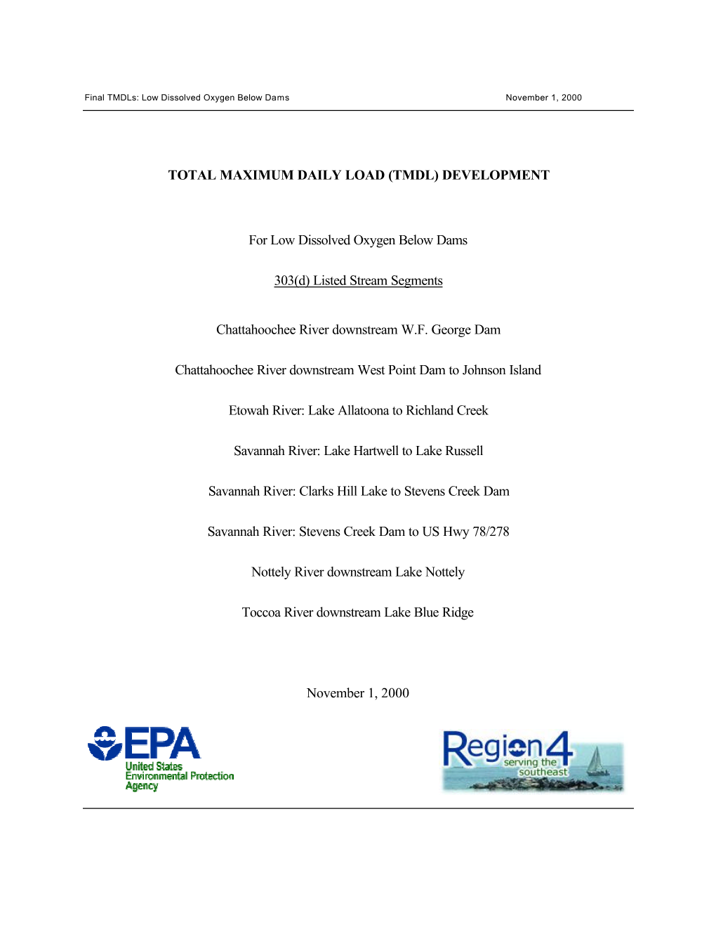 (TMDL) DEVELOPMENT for Low Dissolved Oxygen Below Dams 303