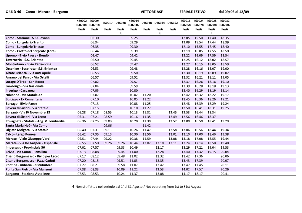 C 46 D 46 Como - Merate - Bergamo VETTORE ASF FERIALE ESTIVO Dal 09/06 Al 12/09