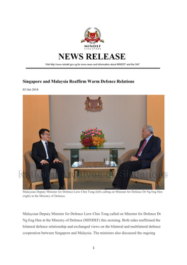 Singapore and Malaysia Reaffirm Warm Defence Relations