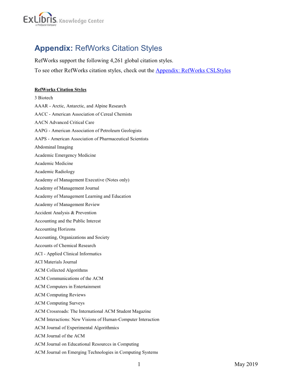 Refworks Citation Styles Refworks Support the Following 4,261 Global Citation Styles