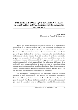 PARENTE ET POLITIQUE EN IMBRICATION : La Construction Politico-Juridique De La Succession Héréditaire