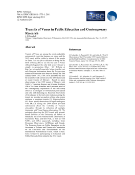 Transits of Venus in Public Education and Contemporary Research J