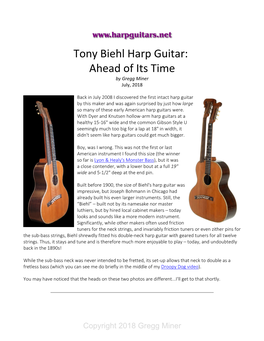 Tony Biehl Harp Guitar: Ahead of Its Time by Gregg Miner July, 2018