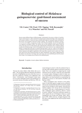 Biological Control of Melaleuca Quinquenervia: Goal-Based Assessment of Success