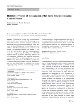 Habitat Correlates of the Eurasian Otter Lutra Lutra Recolonizing Central Poland