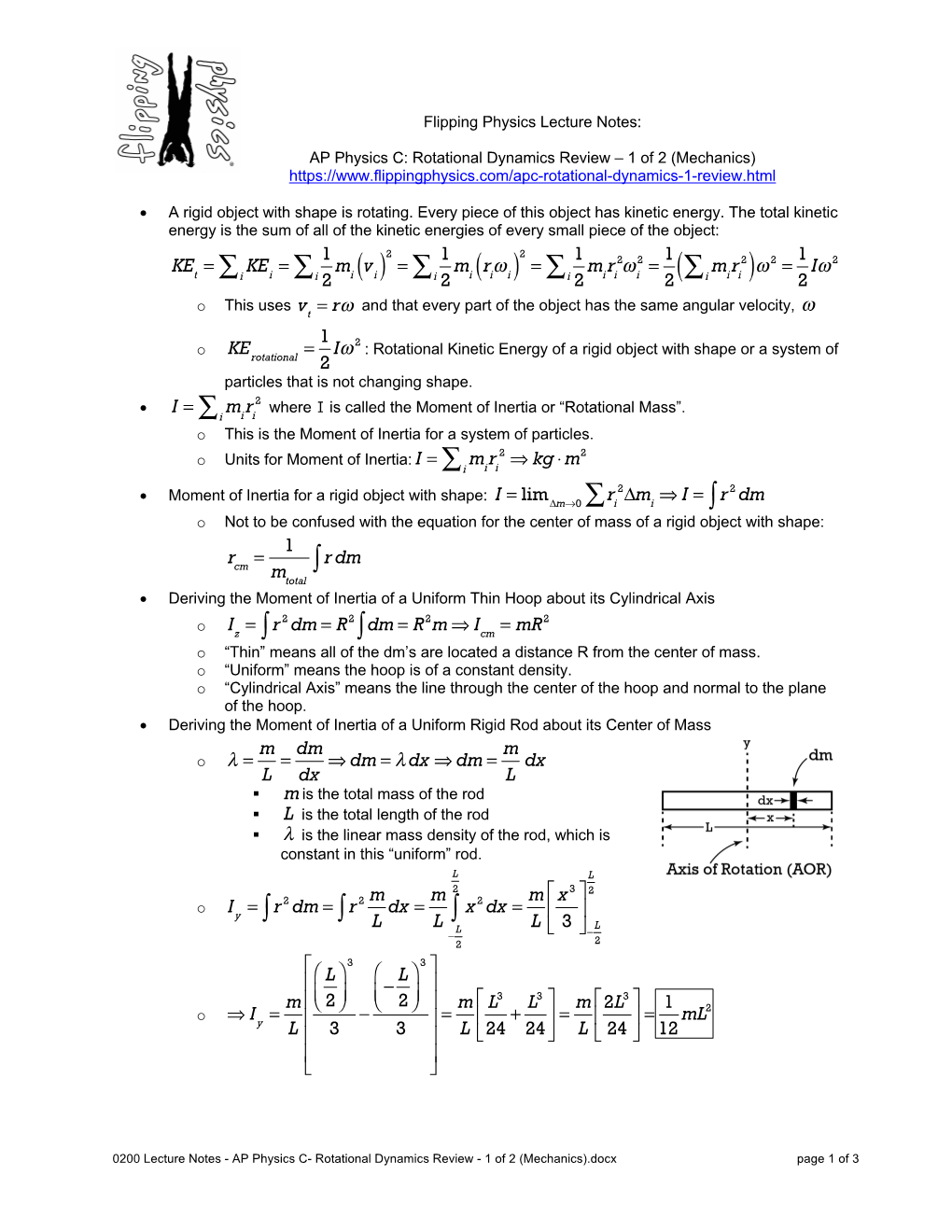 0200 Lecture Notes - AP Physics C- Rotational Dynamics Review - 1 of 2 (Mechanics).Docx Page 1 of 3