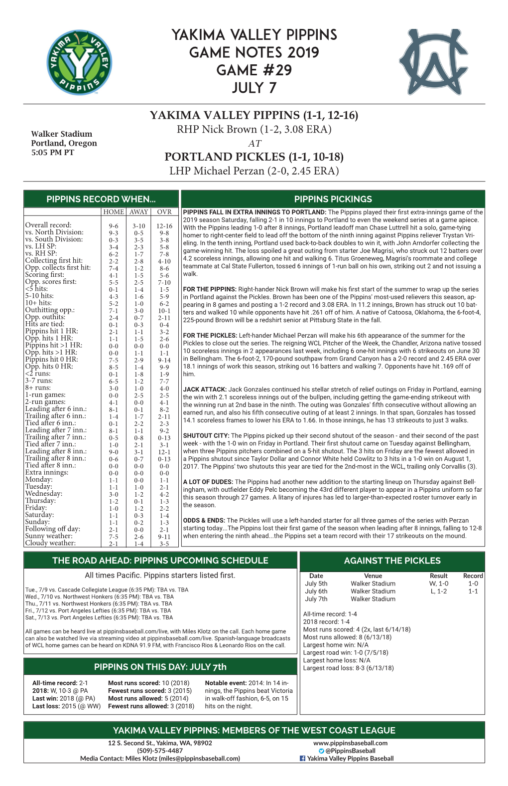 Yakima Valley Pippins Game Notes 2019 Game #29 July 7