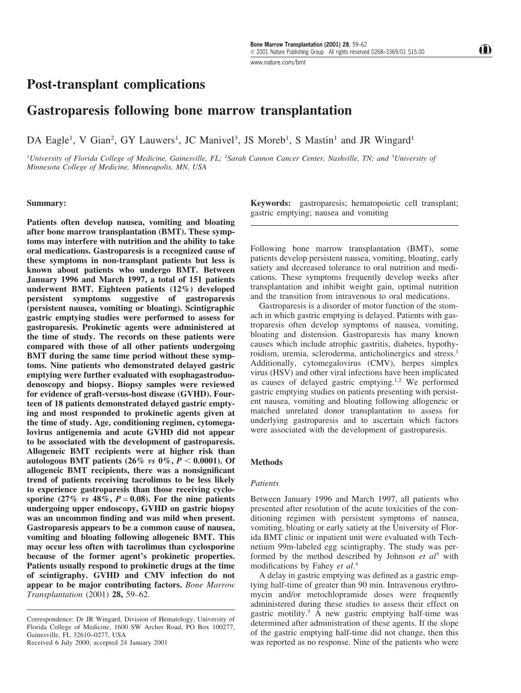 Post-Transplant Complications Gastroparesis Following Bone Marrow Transplantation