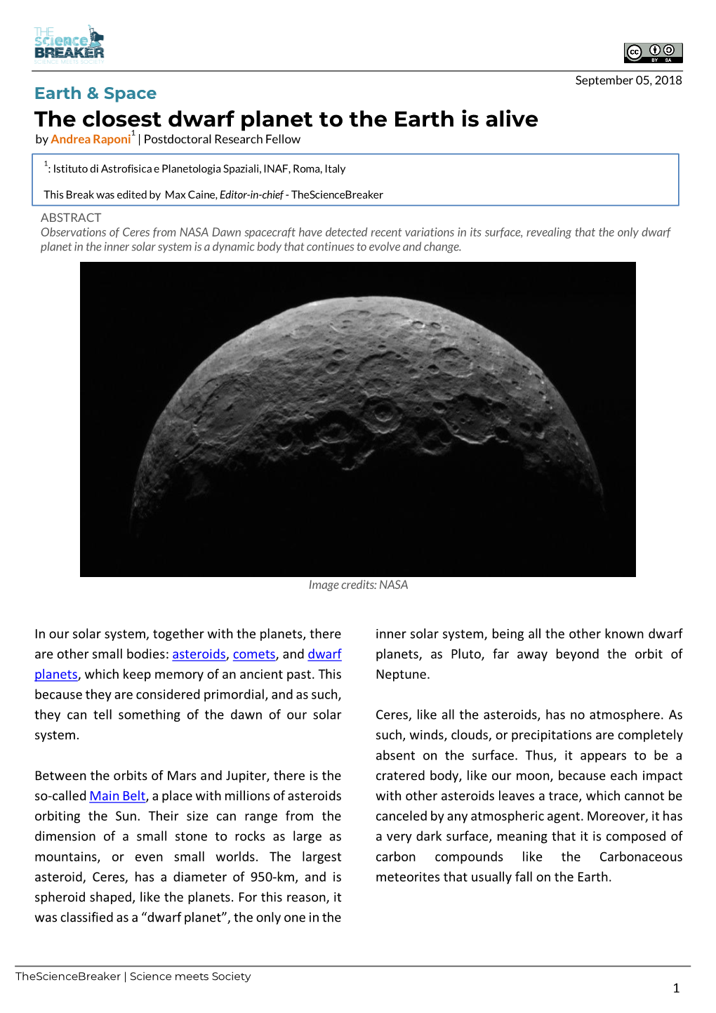 The Closest Dwarf Planet to the Earth Is Alive 1 by Andrea Raponi | Postdoctoral Research Fellow