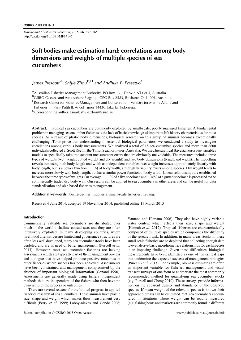 Correlations Among Body Dimensions and Weights of Multiple Species of Sea Cucumbers