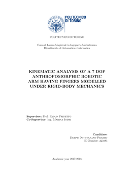 Kinematic Analysis of a 7 Dof Anthropomorphic Robotic Arm Having Fingers Modelled Under Rigid-Body Mechanics