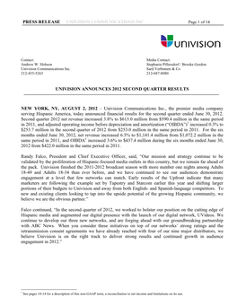 Univision Announces 2012 Second Quarter Results