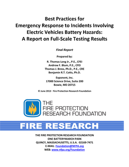Best Practices for Emergency Response to Incidents Involving Electric Vehicles Battery Hazards: a Report on Full-Scale Testing Results