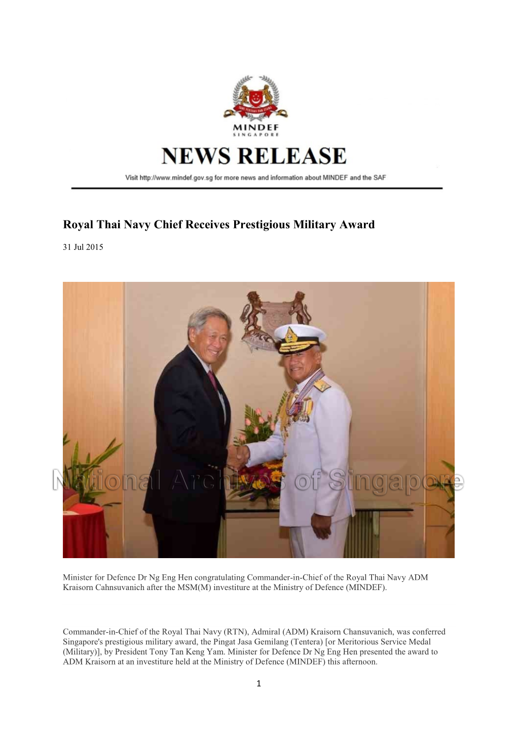 Royal Thai Navy Chief Receives Prestigious Military Award