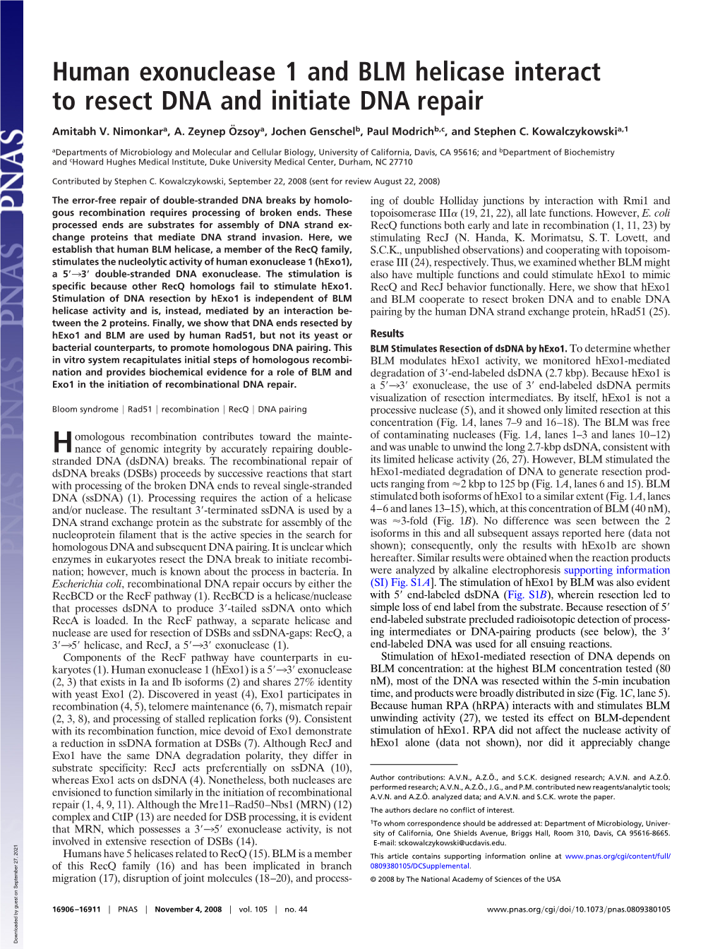 Human Exonuclease 1 and BLM Helicase Interact to Resect DNA and Initiate DNA Repair