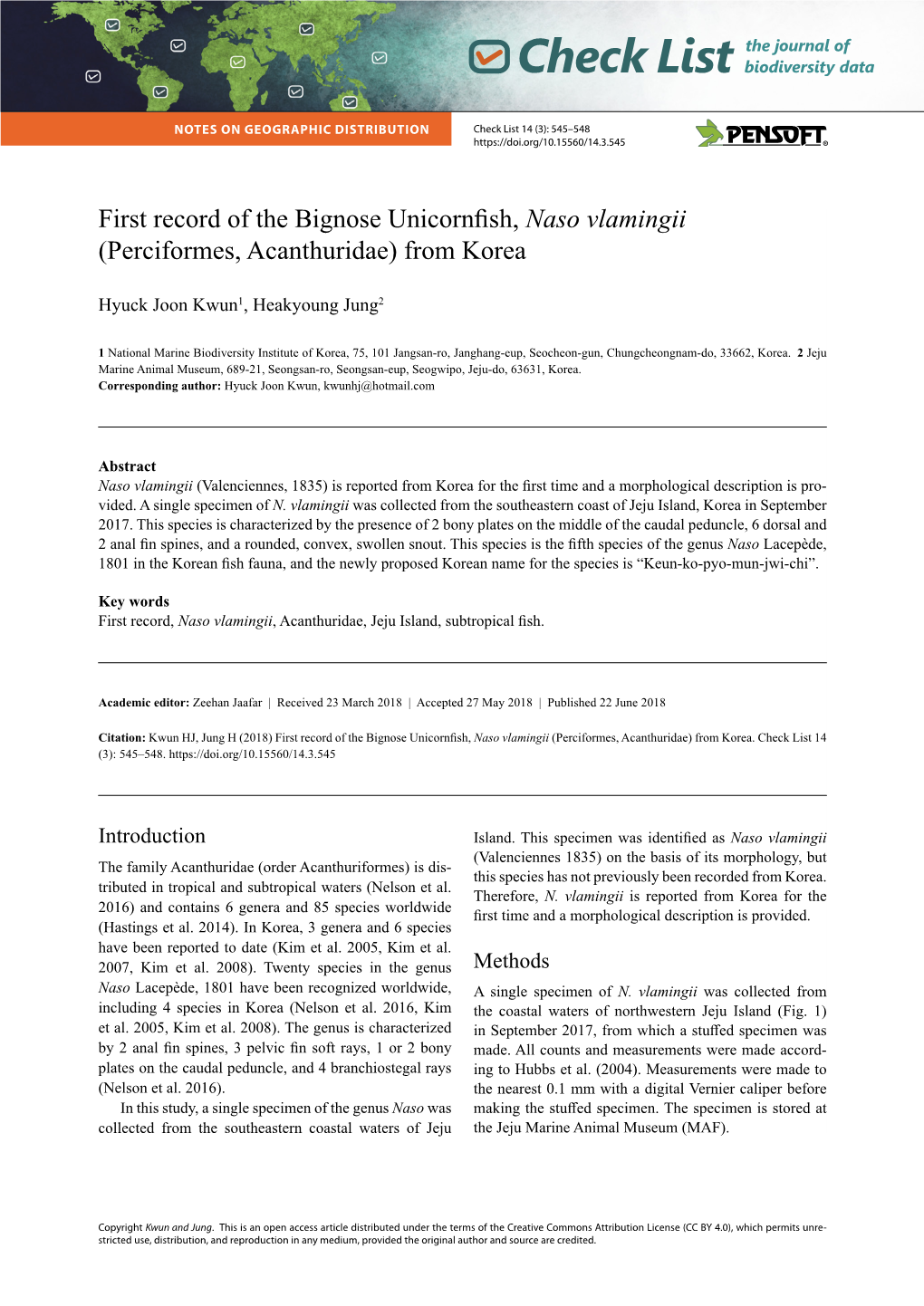 First Record of the Bignose Unicornfish, Naso Vlamingii