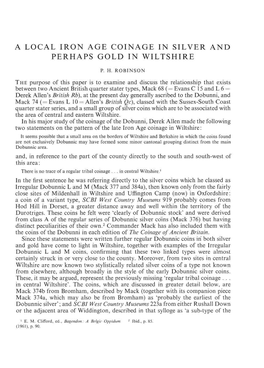A Local Iron Age Coinage in Silver and Perhaps Gold in Wiltshire