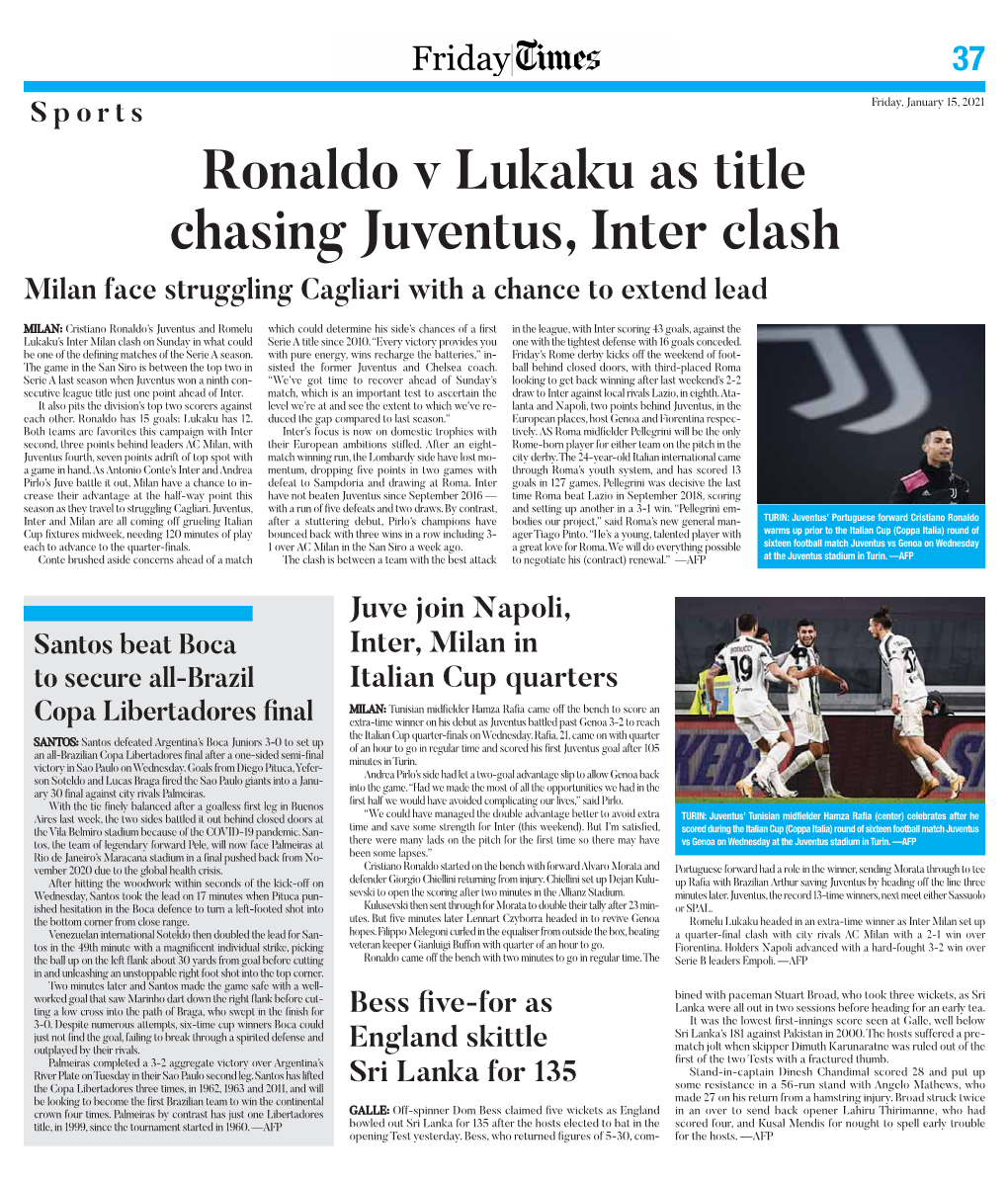 Ronaldo V Lukaku As Title Chasing Juventus, Inter Clash Milan Face Struggling Cagliari with a Chance to Extend Lead