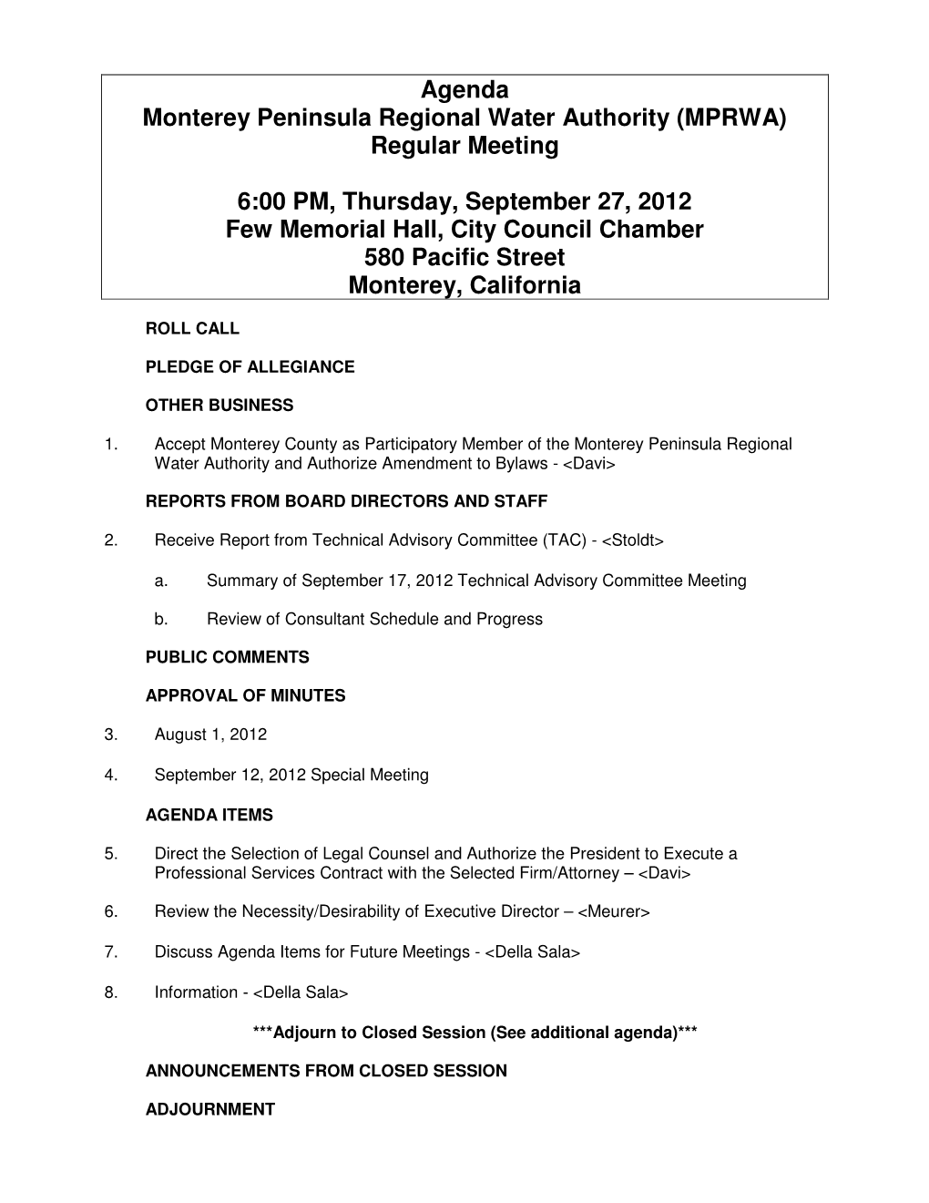 Agenda Monterey Peninsula Regional Water Authority (MPRWA) Regular Meeting