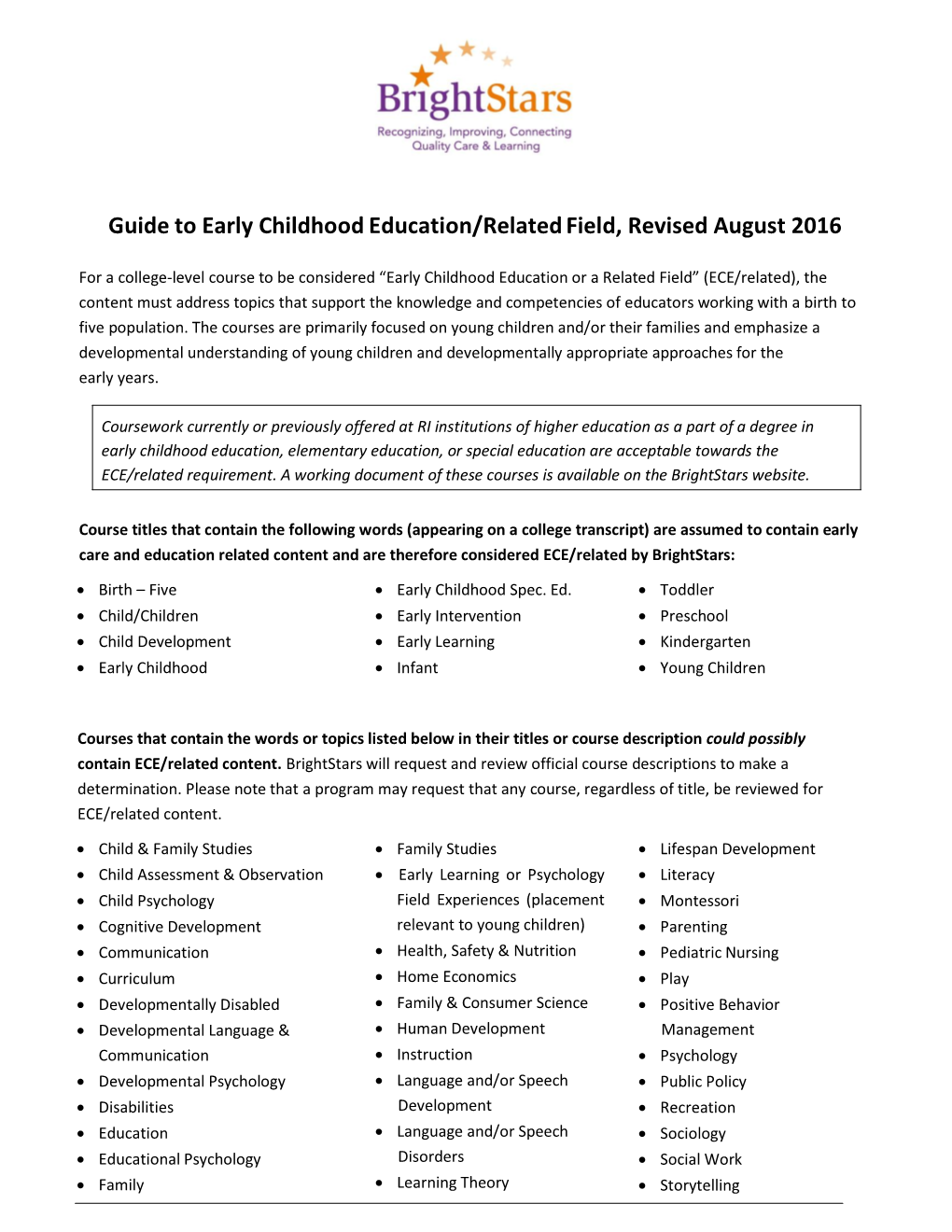 Guide to Early Childhood Education/Related Field, Revised August 2016