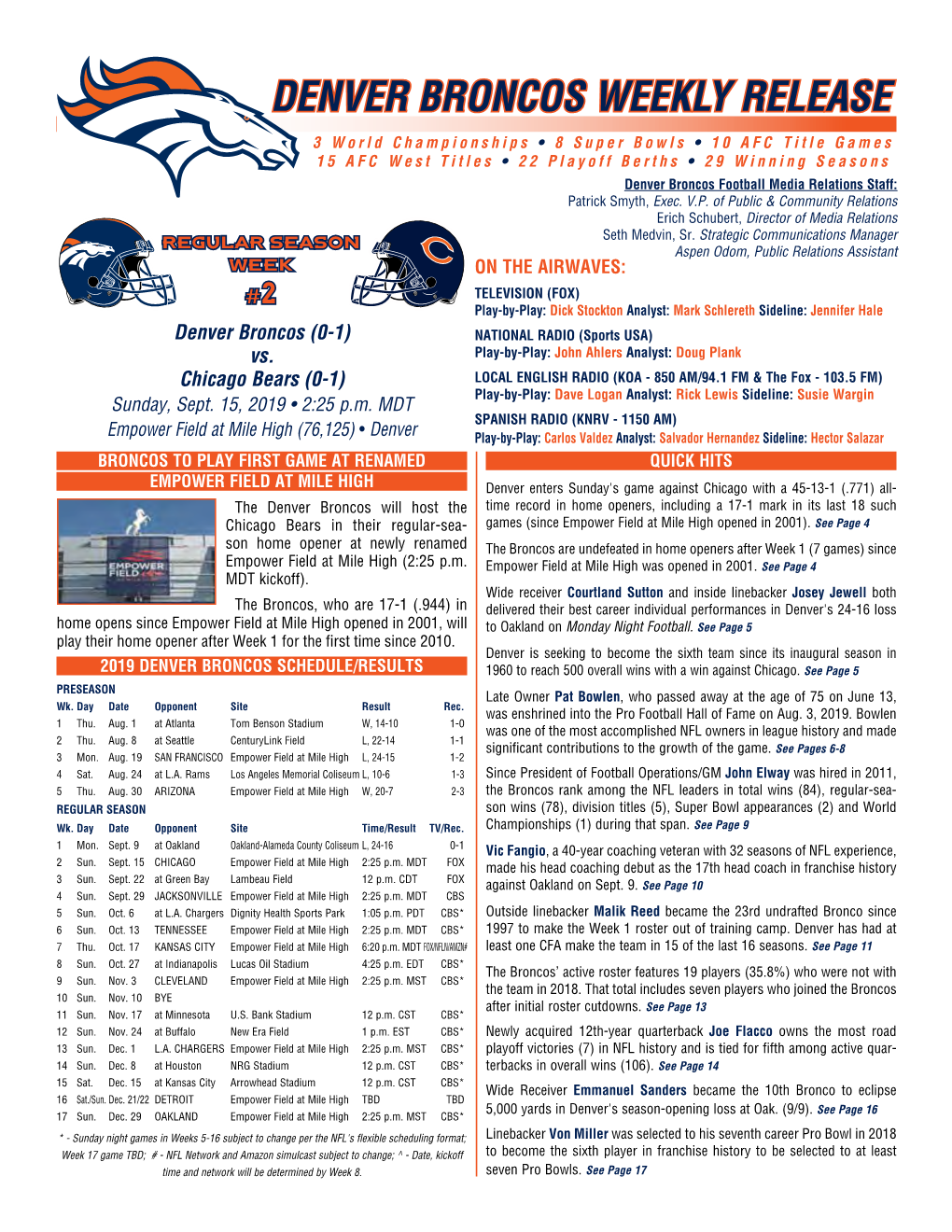 Denver Broncos Weekly Release Packet