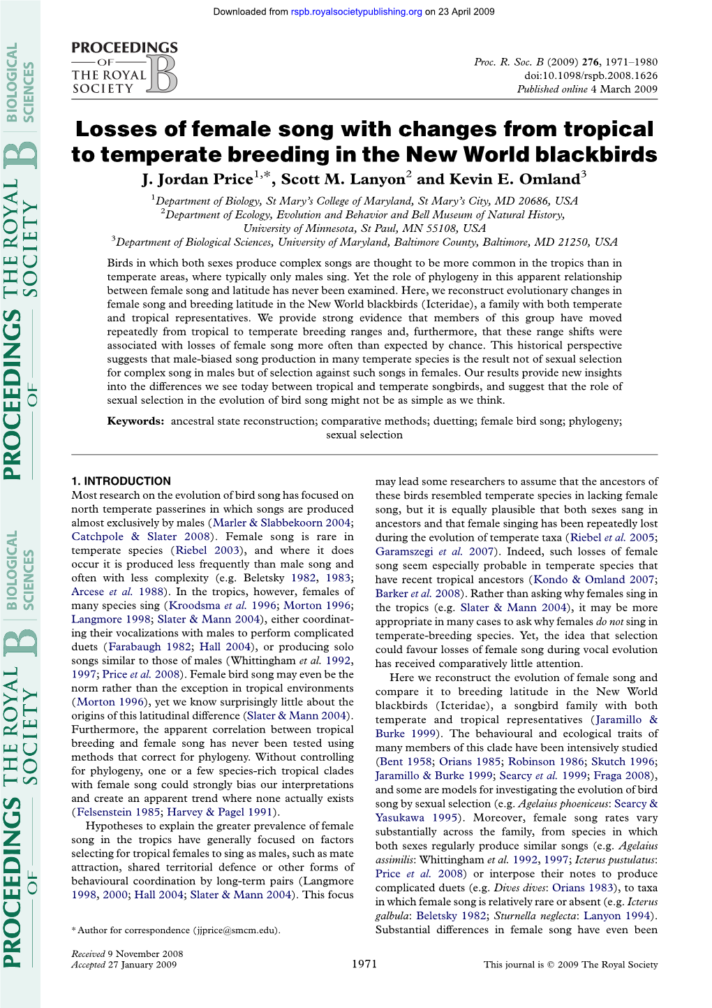 Losses of Female Song with Changes from Tropical to Temperate Breeding in the New World Blackbirds J