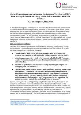 Covid-19, Passenger Quarantine, and the Common Travel Area (CTA)