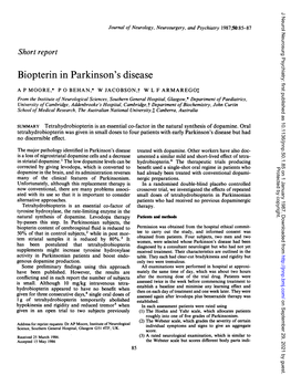 Biopterin in Parkinson's Disease