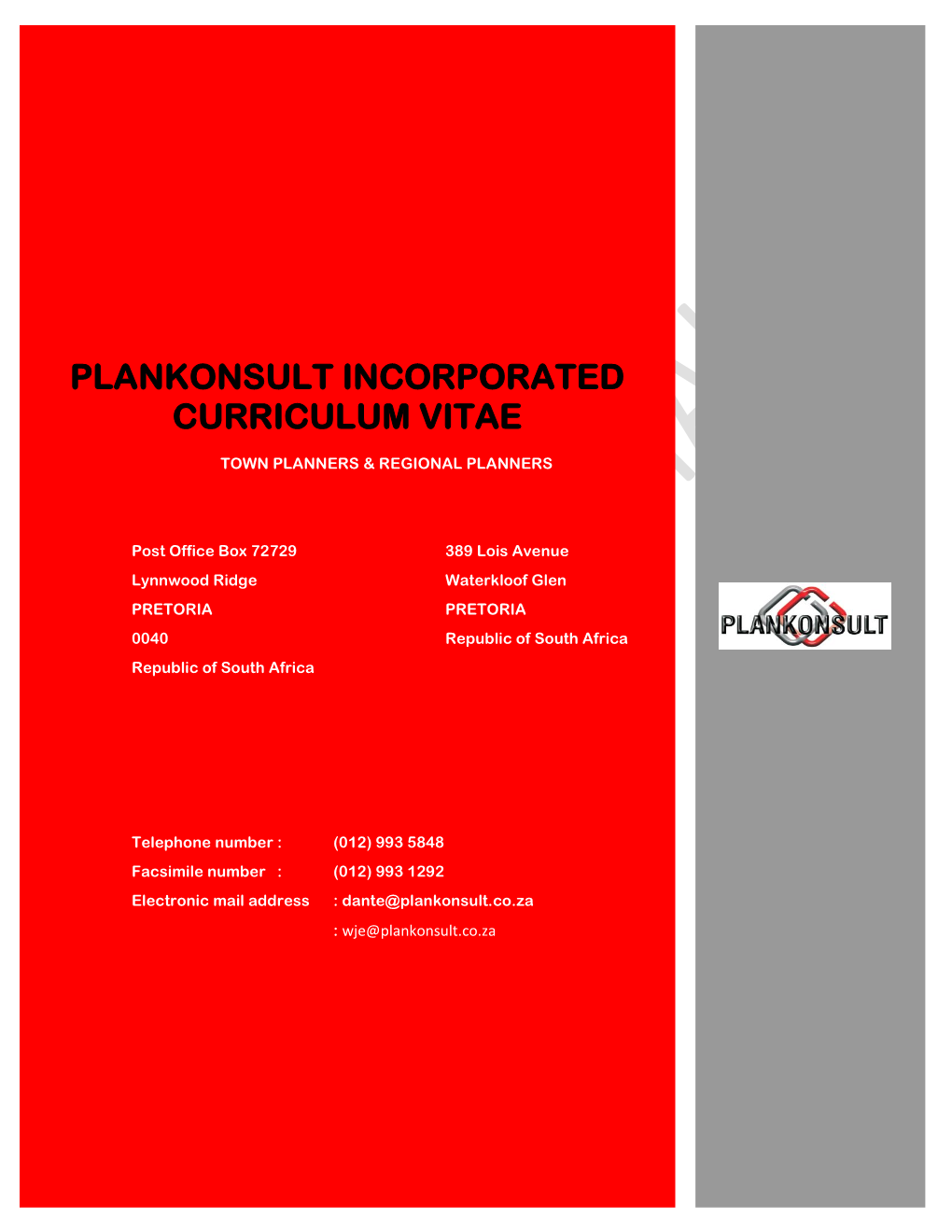 Plankonsult Incorporated Curriculum Vitae Town Planners & Regional Planners