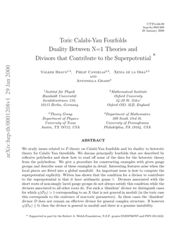 Toric Calabi-Yau Fourfolds, Duality Between N= 1 Theories and Divisors That Contribute to the Superpotential
