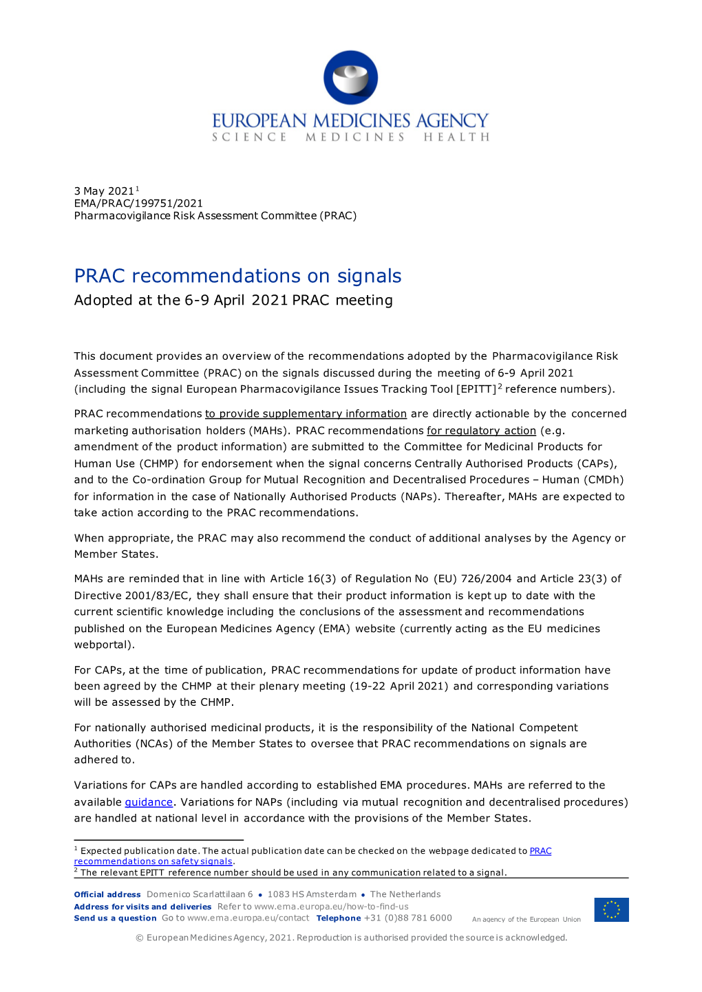 PRAC Recommendations on Signals Adopted at the 6-9 April 2021 PRAC En