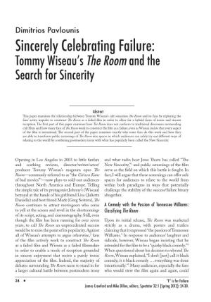 Sincerely Celebrating Failure: Tommy Wiseau’S the Room and the Search for Sincerity