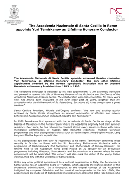 The Accademia Nazionale Di Santa Cecilia in Rome Appoints Yuri Temirkanov As Lifetime Honorary Conductor