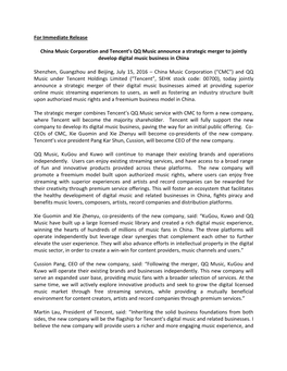 For Immediate Release China Music Corporation and Tencent's QQ