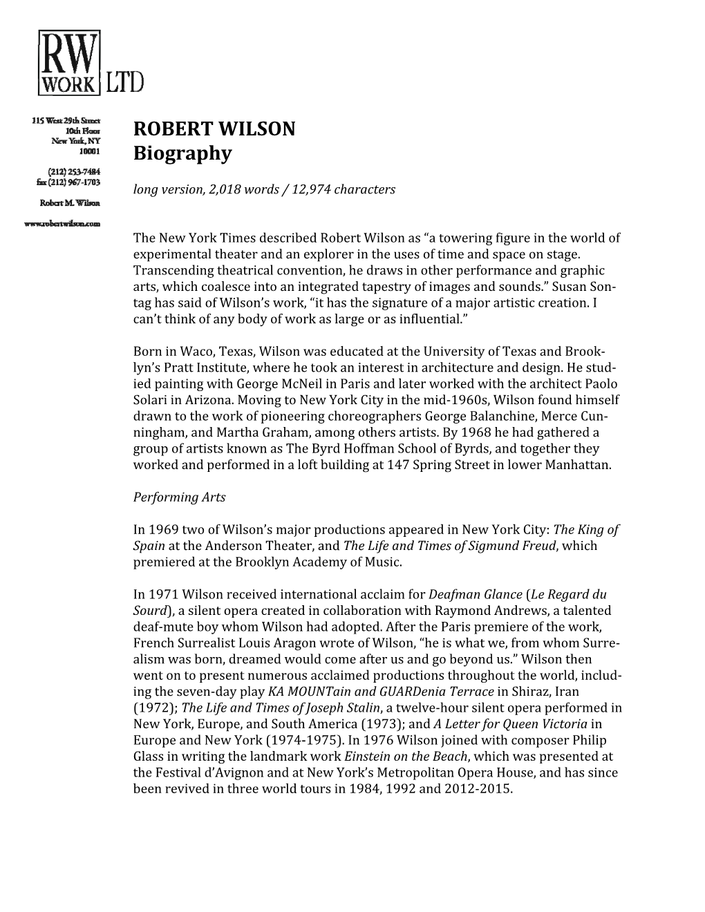 ROBERT WILSON Biography Long Version, 2,018 Words / 12,974 Characters