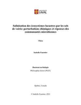 Salinisation Des Écosystèmes Lacustres Par Les Sels De Voirie: Perturbations Chimiques Et Réponses Des Communautés Microbiennes