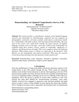 Homeschooling: an Updated Comprehensive Survey of the Research Robert Kunzman[1] & Milton Gaither[2] [1]Indiana University (USA) [2]Messiah College (USA)