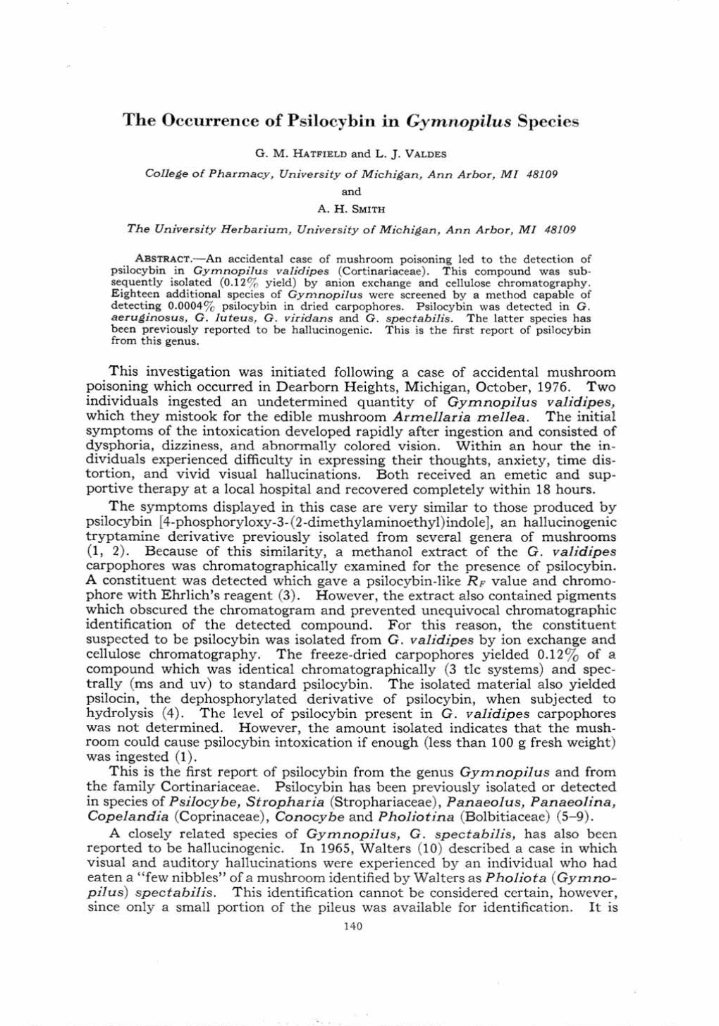 The Occurrence of Psilocybin in Gymnopilus Species