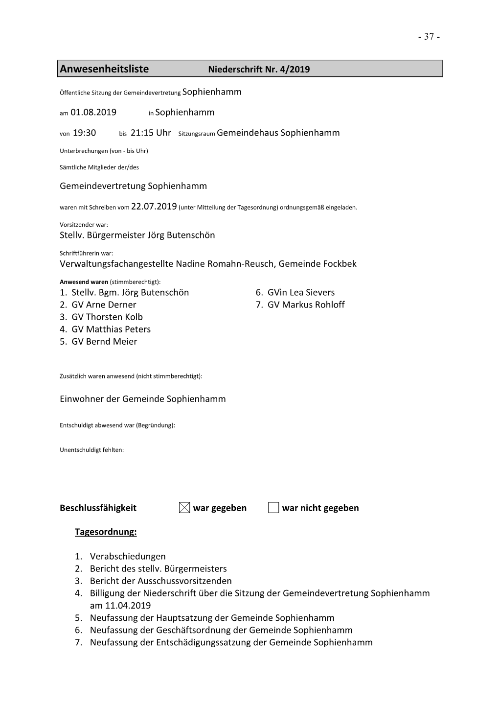 Anwesenheitsliste Niederschrift Nr