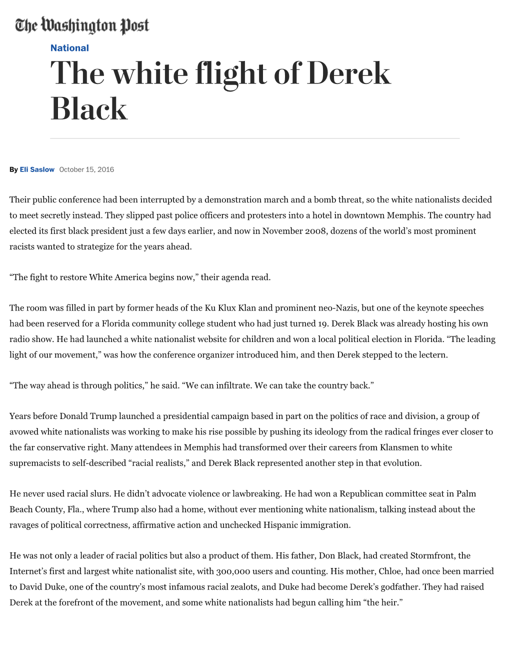 The White Flight of Derek Black