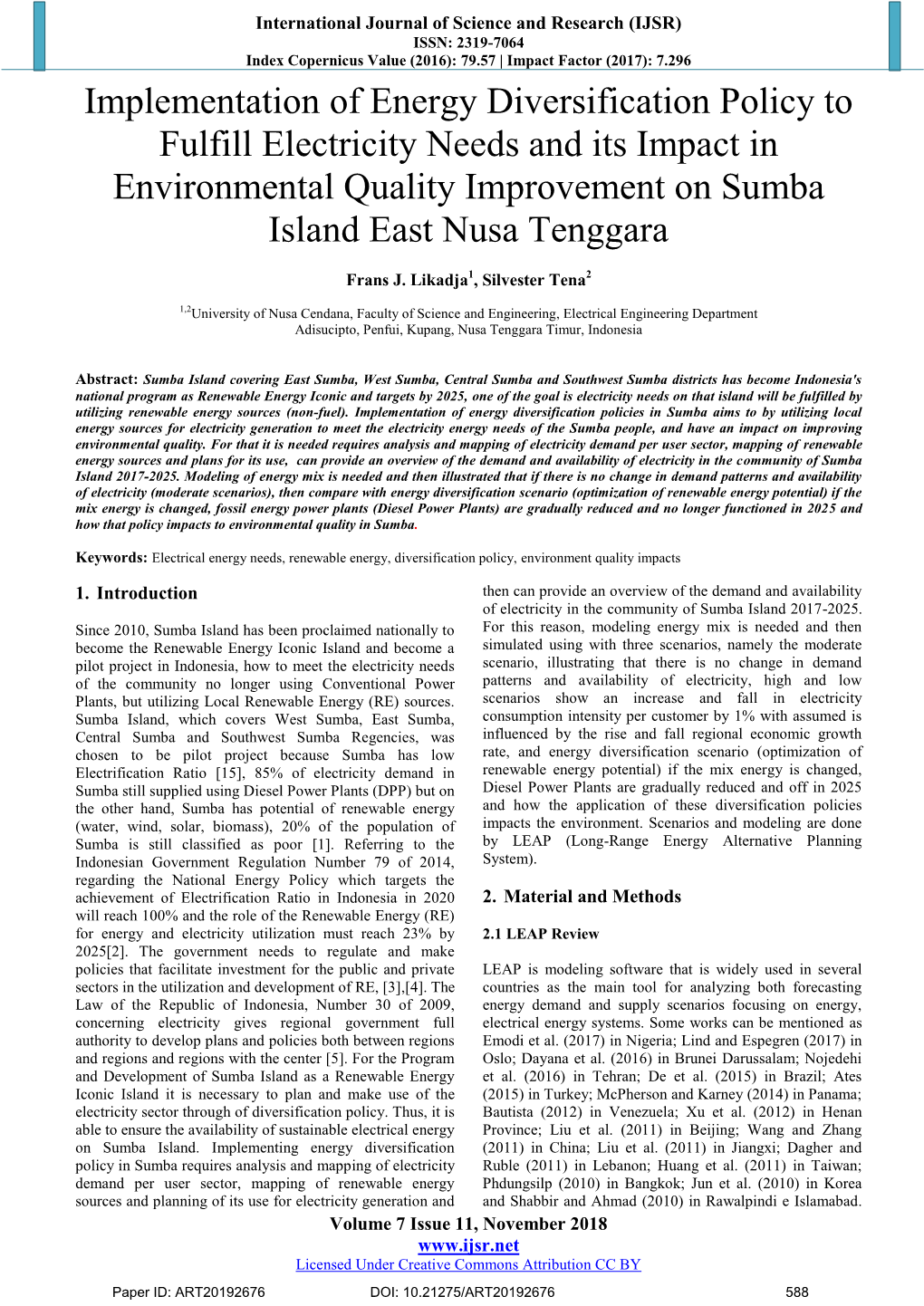 Implementation of Energy Diversification Policy to Fulfill Electricity Needs and Its Impact in Environmental Quality Improvement on Sumba Island East Nusa Tenggara